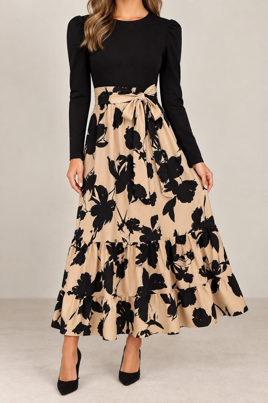 Black & Ivory Floral Maxi Dress Long Sleeve Tiered Skirt Tie Waist Elegant